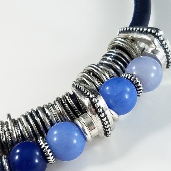 Chico's Gemstone, Lucite & Blue Leather Necklace, Silver Tone Disks, 20 Inches - Picture 5 of 7